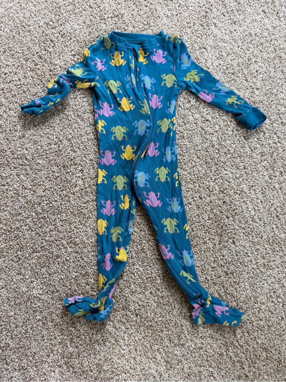 Kids Teal Frog-Print One-Piece Footed Pajamas